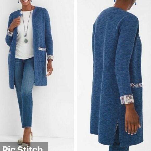 Chico's Heathered Blue Long Cardigan Leopard & Paisley Trim Chico's Size 1 (M/8) - Picture 1 of 14